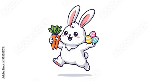 A cute cartoon white bunny holding a carrot and colorful eggs runs happily on a pastel background on Easter Sunday