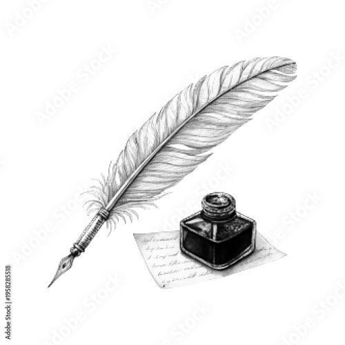 Vintage quill pen with ink bottle and paper sheet in engraved style, monochrome illustration with halftone texture, classic writing concept.