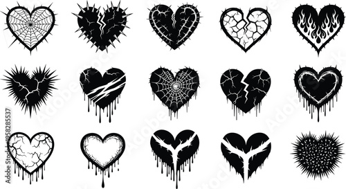Grunge broken heart silhouettes collection, cracked dripping spiked hearts set isolated on white background, love pain concept, edgy tattoo style illustration