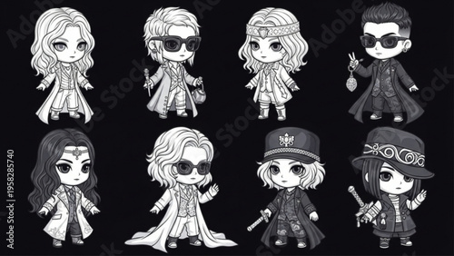 Set of Eight Chibi Anime Characters in Grayscale Illustration