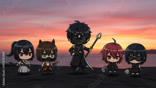 Chibi Anime Ninja Team and Fantasy Warriors Standing at Sunset