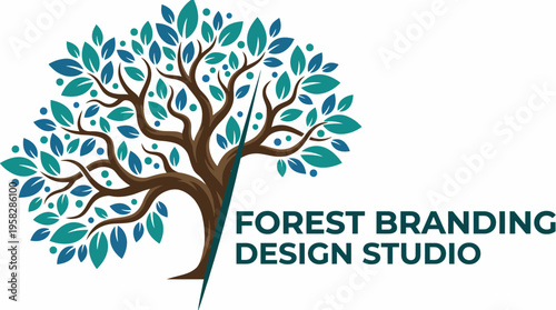 A vibrant logo design depicting a flourishing tree with colorful leaves, symbolizing growth and creativity for a branding design studio focused on innovation and originality.