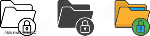 Locked folder icons, private data protection symbols, file folder with padlock security, minimal vector illustration for digital security and privacy design.