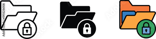 Locked folder icons, private data protection symbols, file folder with padlock security, minimal vector illustration for digital security and privacy design.