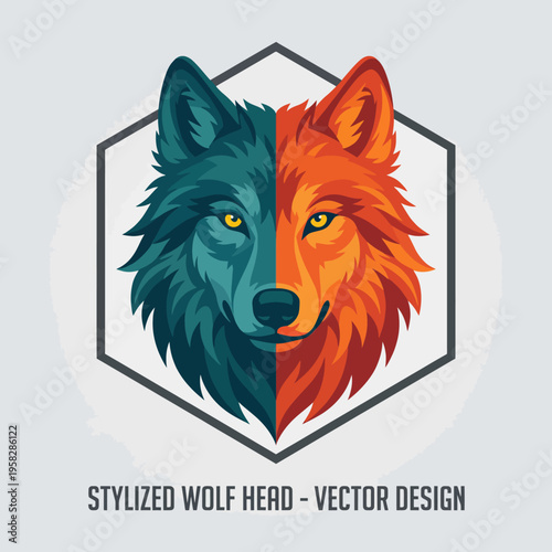 This striking split-color wolf head design symbolizes power and unity, blending two hues to capture the essence of loyalty and strength in a minimalist, artistic style.