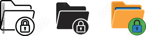 Locked folder icons, private data protection symbols, file folder with padlock security, minimal vector illustration for digital security and privacy design.