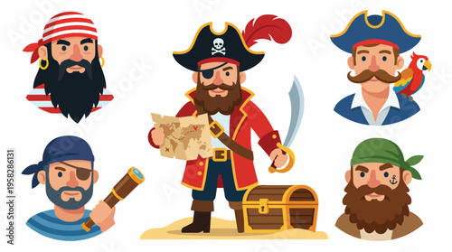 This colorful collection of pirate characters showcases fun and adventure, representing the spirit of exploration and camaraderie on the high seas with a whimsical design.