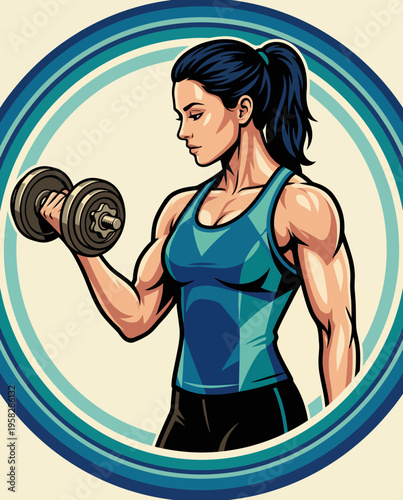 This empowering illustration depicts a muscular woman with dumbbells, showcasing personal strength and determination, promoting fitness and self-confidence in a vibrant style.