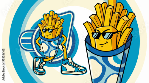 This playful depiction of a animated fries character in sneakers represents fun food culture, combining whimsy and urban style to engage viewers and convey a humorous vibe.