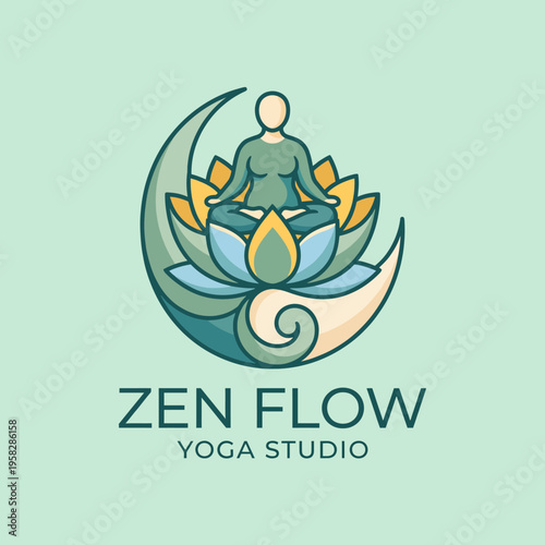 This image features a serene yoga studio logo, incorporating a meditating figure, lotus flowers, and calming colors, symbolizing peace, mindfulness, and wellness.