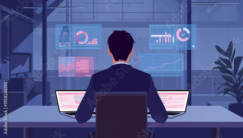 夕方のオフィスで分析作業をする日本人ビジネスマンのイラスト
