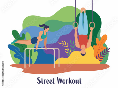 This vibrant illustration depicts individuals engaging in street workout exercises showcasing strength, balance, and a passion for fitness in an urban environment.
