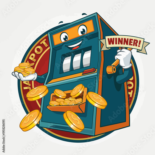 The cheerful slot machine in this image captivates attention with its bright colors and animated features, representing luck and excitement in a casino or gaming environment.