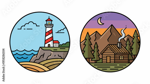 This logo features two beautiful landscapes, showcasing a coastal lighthouse and a serene cabin in the woods, representing tranquility and the beauty of nature in design.