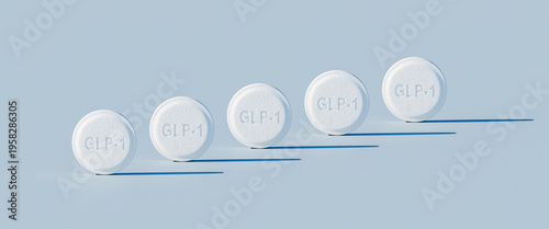 GLP-1 weighloss pills - five pills in a row on blue background with harsh lighting - orthographic perspective