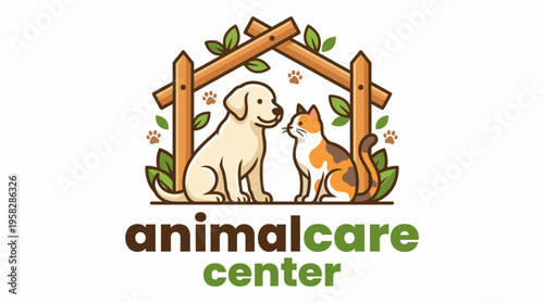 This image illustrates a dog and cat under a shelter, representing an animal care center, fostering themes of welfare and love for pets in a nurturing environment.