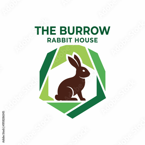 This image features a modern logo design for 'The Burrow', a rabbit house, showcasing a stylized rabbit in earthy tones within a leaf-themed geometric shape.