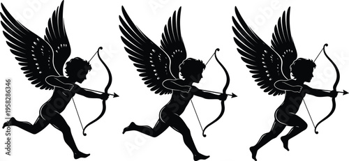 Cupid silhouette set with wings and bow, romantic love symbol illustration, flying angel figures, Valentine theme, black vector design