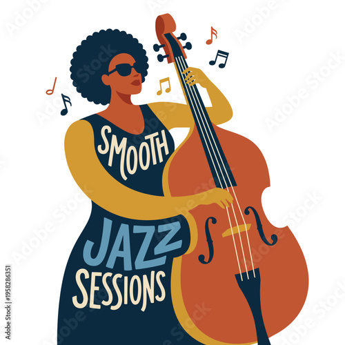 The artwork captures the essence of smooth jazz with a stylish woman playing the double bass, exuding musicality and elegance accented by vibrant colors and joyful notes.