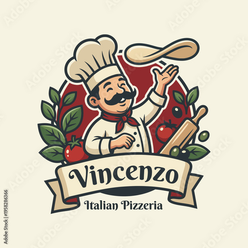The logo of 'Vincenzo' Italian Pizzeria showcases a jovial chef tossing pizza dough, surrounded by fresh ingredients, capturing the joy and tradition of Italian culinary art.