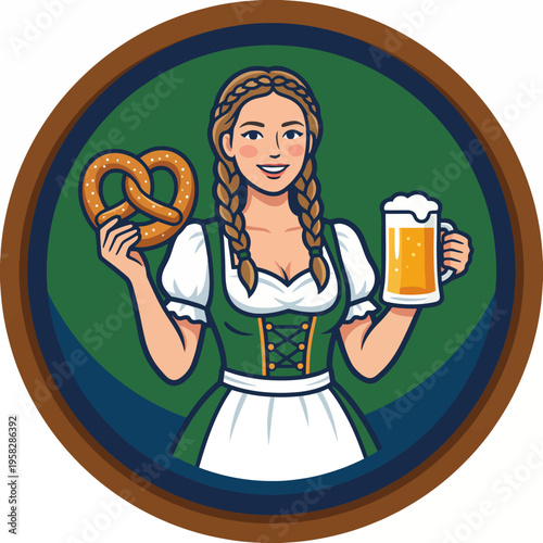 A joyful woman in traditional attire holds a pretzel and beer, embodying a festive atmosphere and cultural celebration, perfect for food or beverage themes.