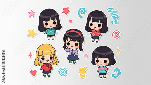 Kawaii Chibi Anime Girl Sticker Set with Cute Cartoon Characters