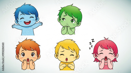 Set of Five Cute Chibi Characters with Different Facial Emotions