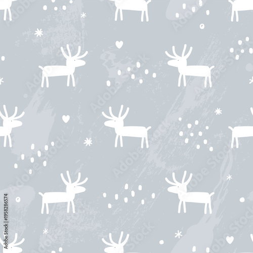 Cute reindeer seamless pattern. North Pole nursery background. Deer and snow. Vector illustration.