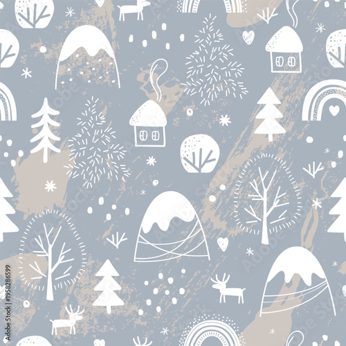 Seamless pattern with cartoon winter landscape. Snowy forest and houses background. Hand drawing Vector illustration