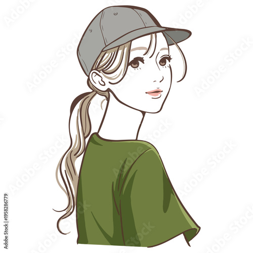 Stylish Anime Girl with Baseball Cap, Anime Vector Illustration of a Stylish Woman Wearing a Grey Baseball Cap and Green T-Shirt