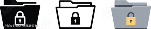 Locked folder icons, hidden folder symbols, privacy, sensitive content, file encryption, and secure data storage, flat vector outline and colored illustration