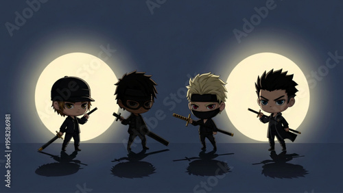 Group of Four Chibi Ninja Assassins with Katana Swords Illustration