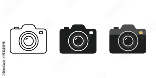 Three camera icons in line vector illustration, flat design