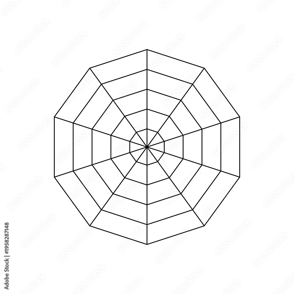 Obraz premium Geometric spiderweb illustration featuring radiating spokes and concentric circles within a twelve-sided polygon frame. Ideal for abstract design, Halloween themes, and mathematical visuals.
