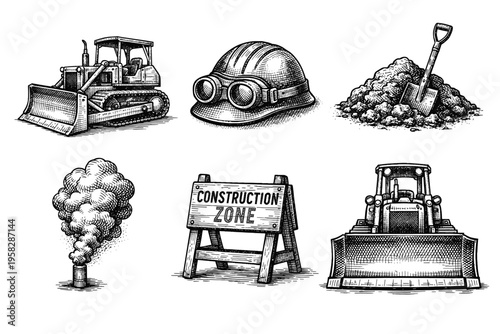 Vintage bulldozer and construction equipment set in black and white engraved illustration style with helmet tools and construction zone sign