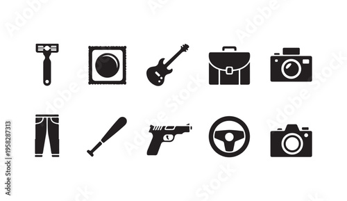 Set of common objects icons, including razor, condom, guitar, briefcase, and camera