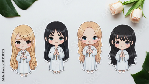Set of Four Cute Kawaii Chibi Girls Praying for First Communion or Baptism