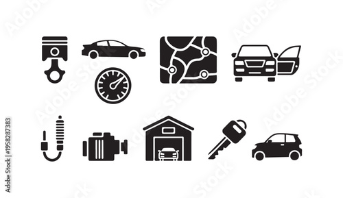 Set of car and vehicle related icons, including piston, car, map, garage, and key