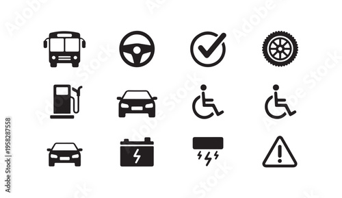 Vehicle icons set including bus, car, steering wheel, tire, and electric car symbols
