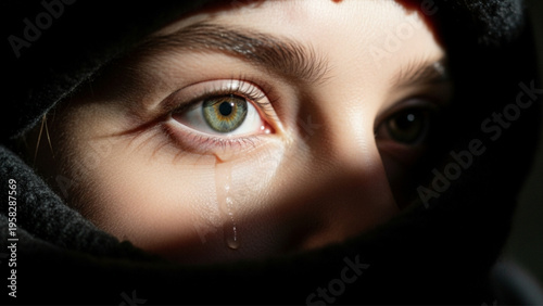 Sad Child Eye Close-up with Tear Rolling Down Face - Emotional Concept