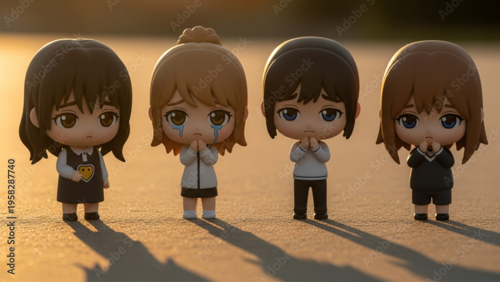 Fototapeta premium Small Sad Manga Style Figurines Praying and Crying in Warm Sunset Light