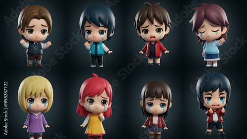 Collection of Sad Crying Chibi Anime Characters 3D Figurines