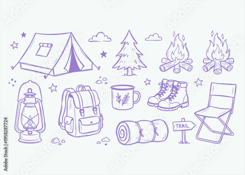 Hand Drawn Camping and Outdoor Adventure Doodle Vector Illustration Set Featuring Tent Backpack Campfire Lantern Hiking Boots and Nature Elements for Forest Scouting and Summer Camp Designs