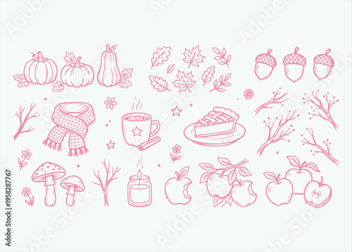 Hand Drawn Autumn and Fall Seasonal Doodle Vector Illustration Set Featuring Pumpkins Acorns Maple Leaves Hot Chocolate Apple Pie and Cozy Winter Elements for Thanksgiving and Harvest Designs