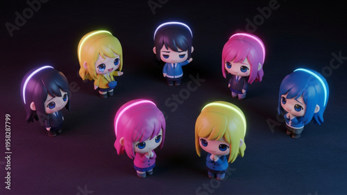 Chibi Anime Characters with Neon Glowing Halos in a Circle 3D Render