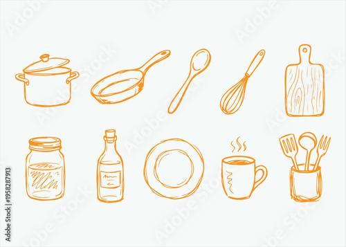Hand Drawn Kitchenware and Cooking Utensil Doodle Vector Illustration Set Featuring Pot Pan Whisk Cutting Board Mason Jar and Coffee Mug for Culinary Branding Cafe Menus and Home Kitchen Designs