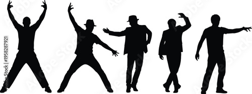Dance silhouettes, expressive poses, stylish hats, dynamic movement, rhythm, performance art, body language, cultural icon, modern vector illustration, energetic choreography