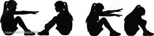 Female silhouette, ponytail, seated poses, sitting positions, body language, posture variation, expressive movement, character design, vector illustration, artistic sequence, modern style