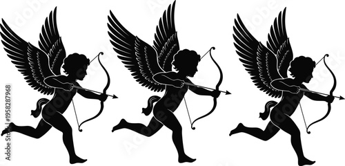 Cupid cherub silhouette vector illustration, winged angel with bow and arrow, love romance design, Valentine’s Day artwork, decorative pattern