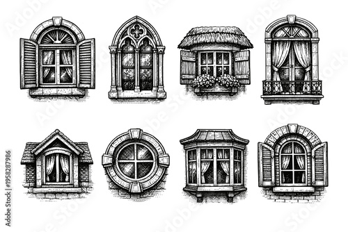 Vintage window collection in black and white engraved illustration style with gothic shutters balcony frame and round window designs